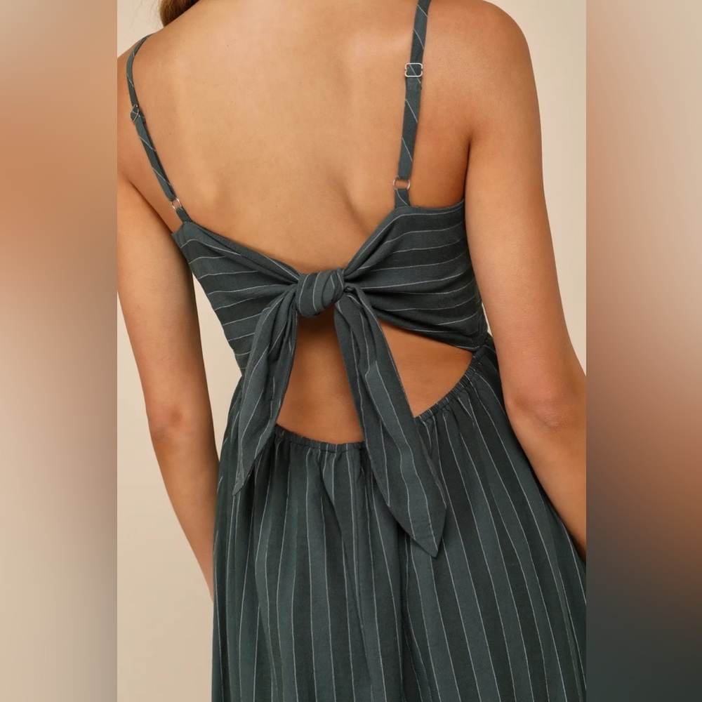 Lulus Feeling the Best Green Striped Tie-Back Midi Dress with Pockets - Picture 4 of 7